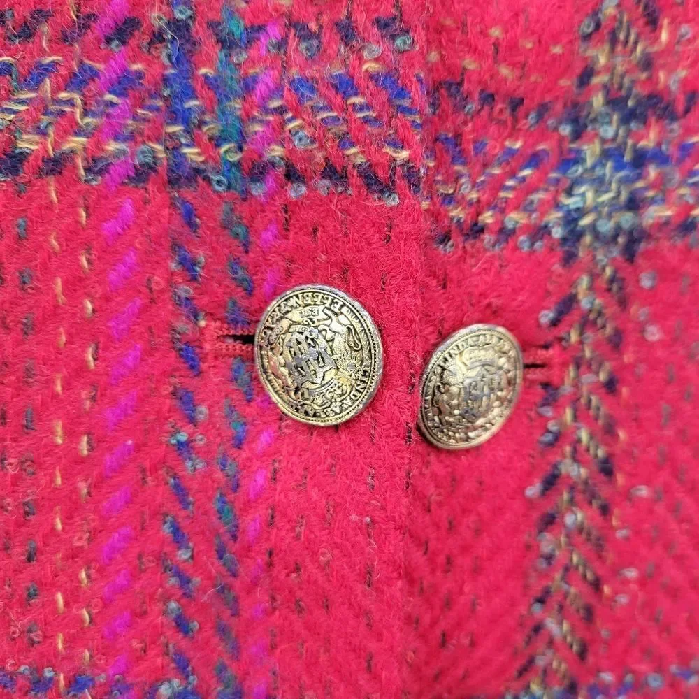 Ellen Tracy Red Plaid Blazer Double Breasted Gold Buttons Skirt Suit Set Tweed